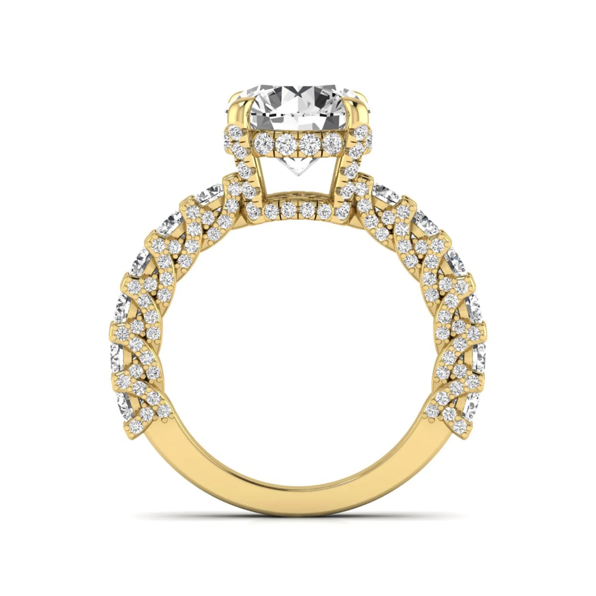 Round prong set lab grown diamond hidden halo engagement ring featuring a 9.45 mm round center diamond with pavé cathedral band and graduated round side diamonds in yellow gold
