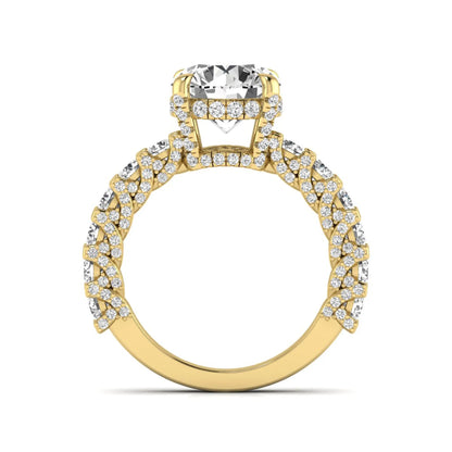 Round prong set lab grown diamond hidden halo engagement ring featuring a 9.45 mm round center diamond with pavé cathedral band and graduated round side diamonds in yellow gold
