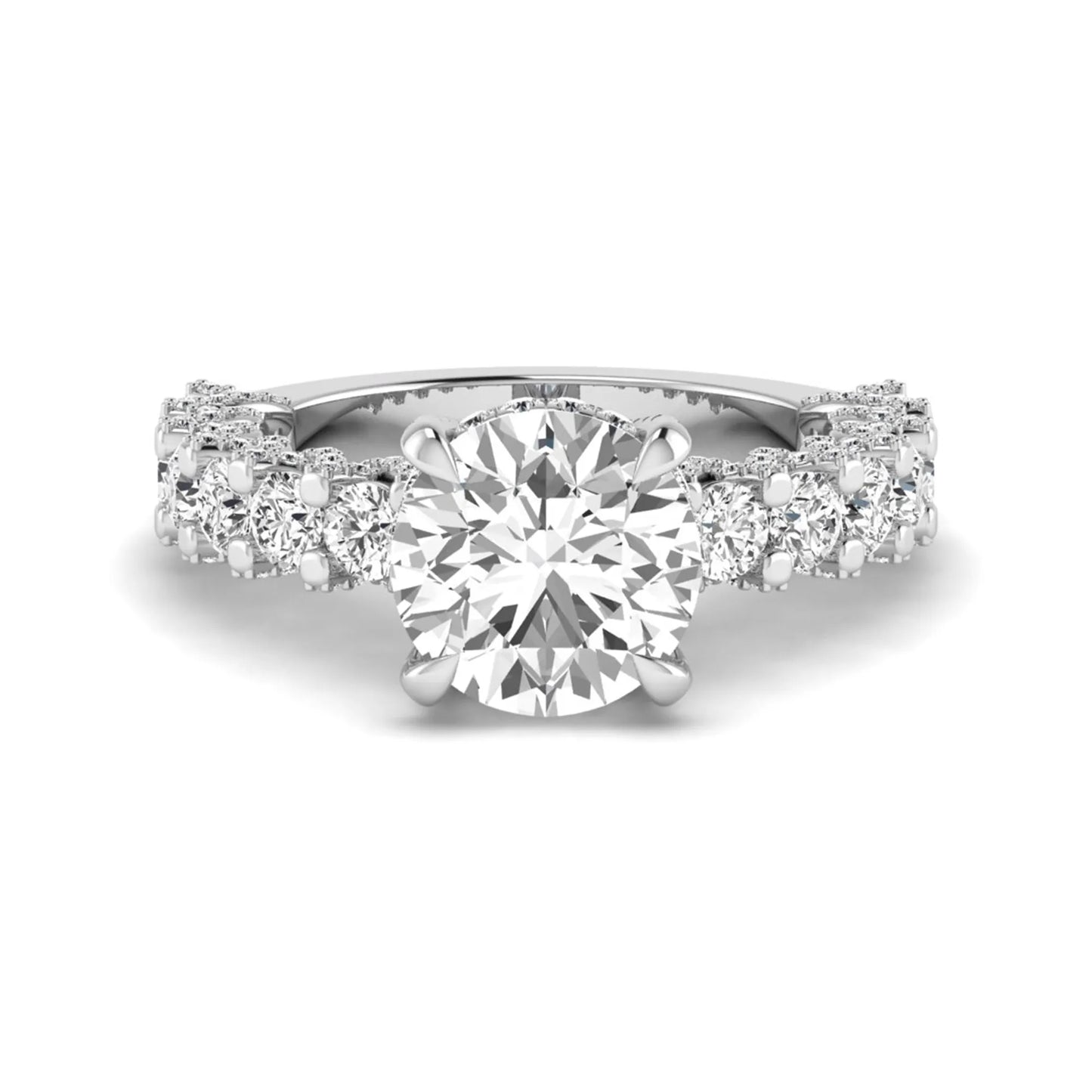 Round prong set lab grown diamond hidden halo engagement ring featuring a 9.45 mm round center diamond with pavé cathedral band and graduated round side diamonds in white gold