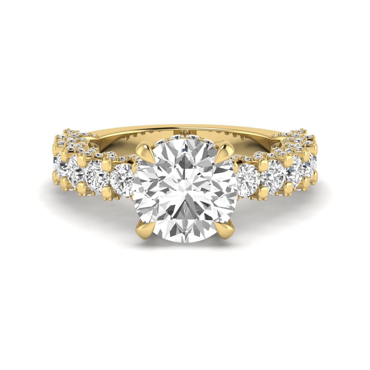 Round prong set lab grown diamond hidden halo engagement ring featuring a 9.45 mm round center diamond with pavé cathedral band and graduated round side diamonds in yellow gold