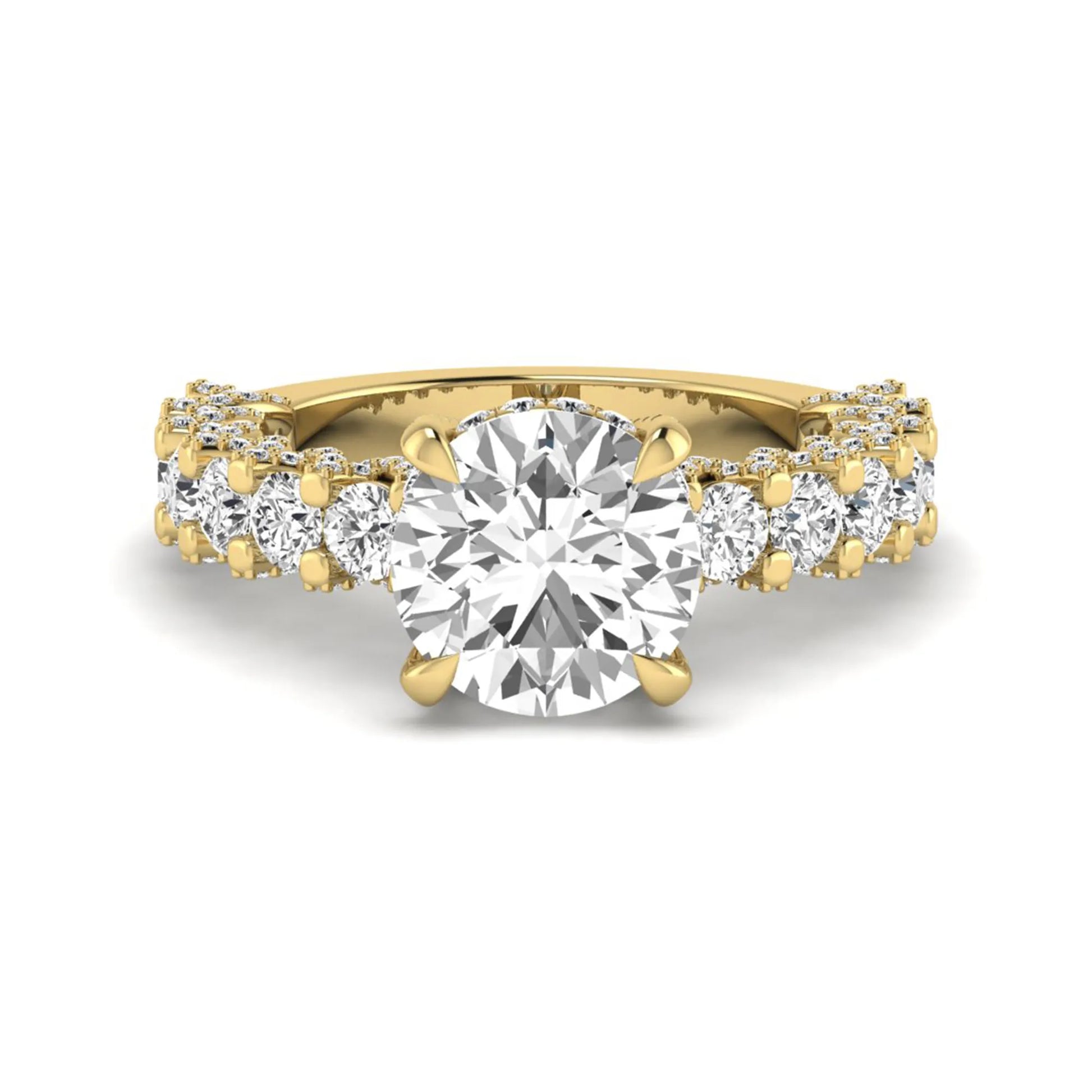 Round prong set lab grown diamond hidden halo engagement ring featuring a 9.45 mm round center diamond with pavé cathedral band and graduated round side diamonds in yellow gold