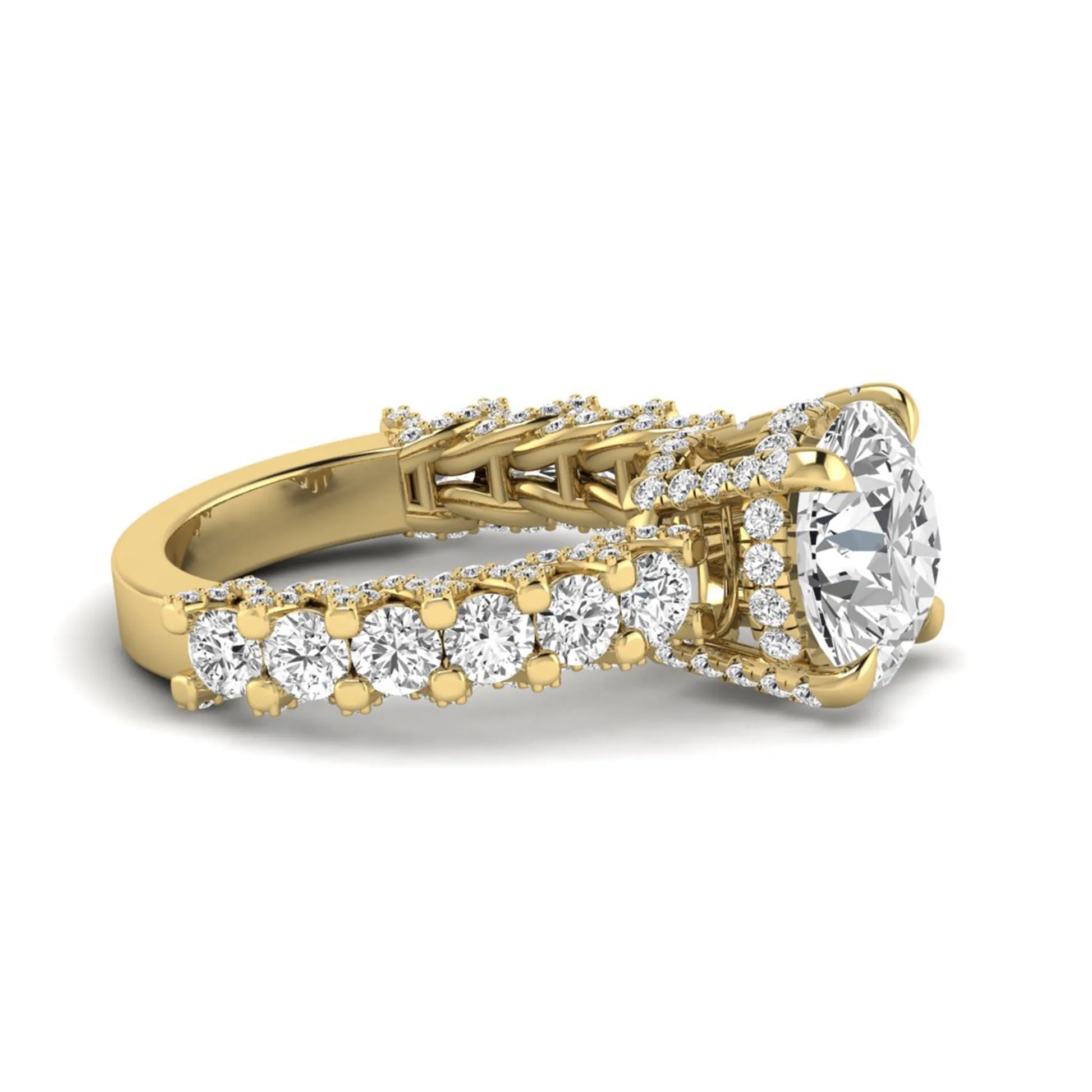 Round prong set lab grown diamond hidden halo engagement ring featuring a 9.45 mm round center diamond with pavé cathedral band and graduated round side diamonds in yellow gold