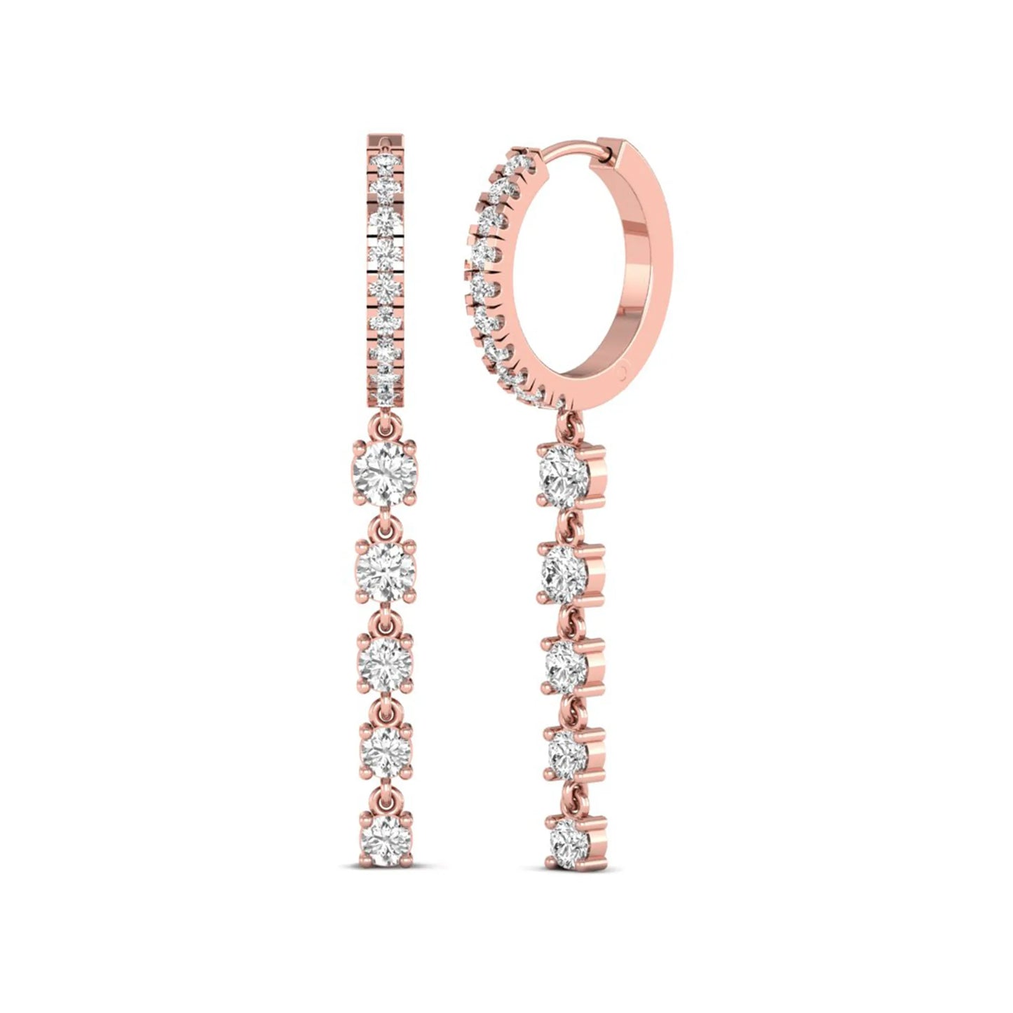 Round cut prong set lab grown diamond hoop drop earrings with diamond accented hinged hoop and graduated drop design in rose gold tone.