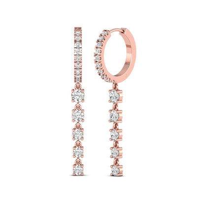 Round cut prong set lab grown diamond hoop drop earrings with diamond accented hinged hoop and graduated drop design in rose gold tone.