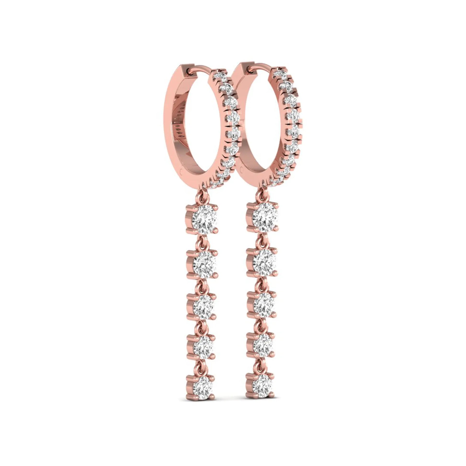 Round cut prong set lab grown diamond hoop drop earrings with diamond accented hinged hoop and graduated drop design in rose gold tone.