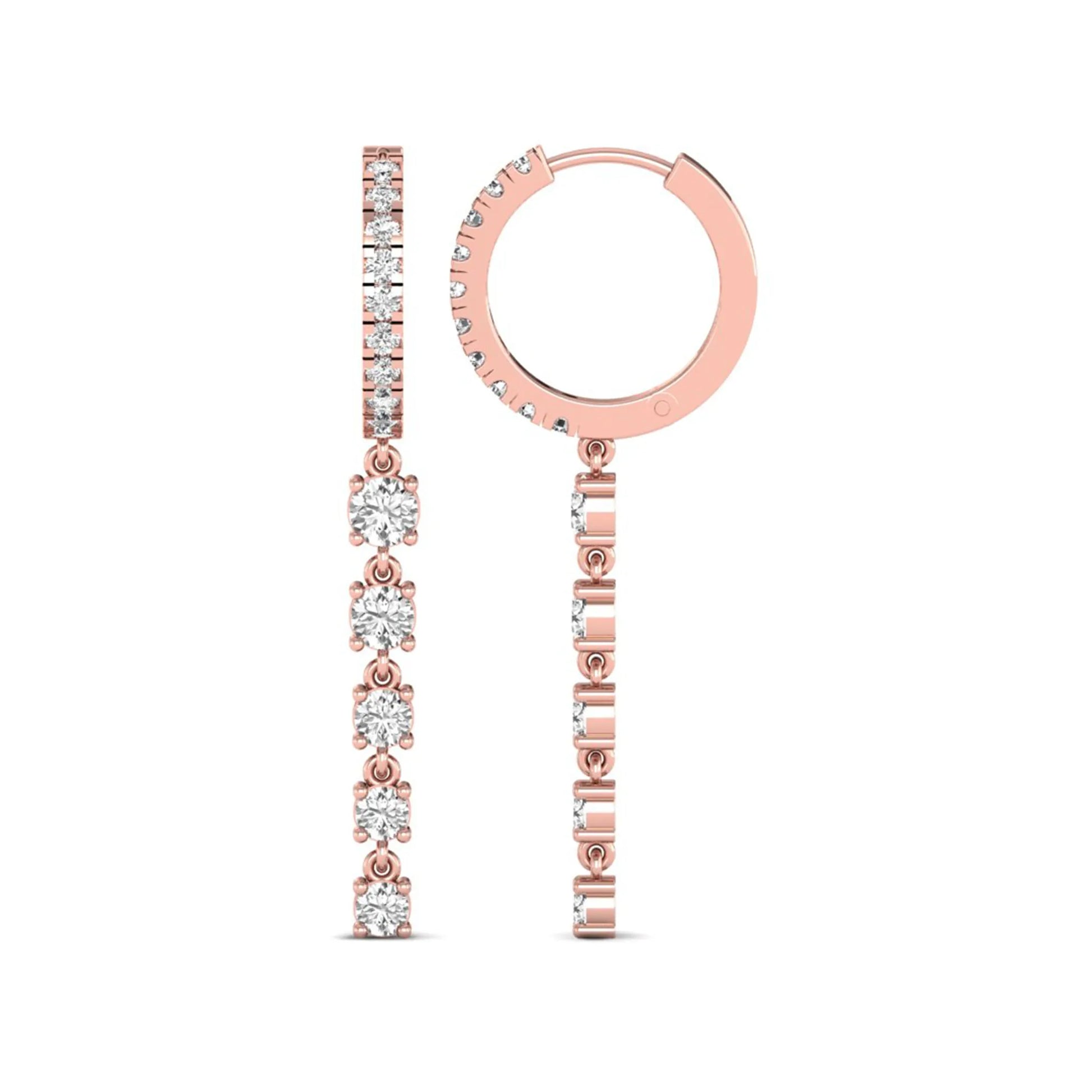 Round cut prong set lab grown diamond hoop drop earrings with diamond accented hinged hoop and graduated drop design in rose gold tone.