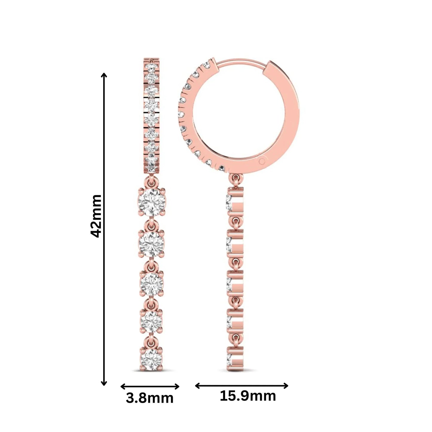 Round cut prong set lab grown diamond hoop drop earrings with diamond accented hinged hoop and graduated drop design in rose gold tone.