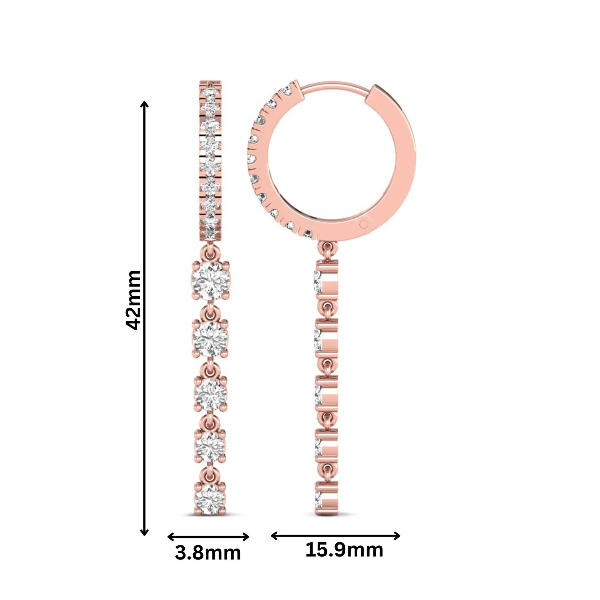 Round cut prong set lab grown diamond hoop drop earrings with diamond accented hinged hoop and graduated drop design in rose gold tone.
