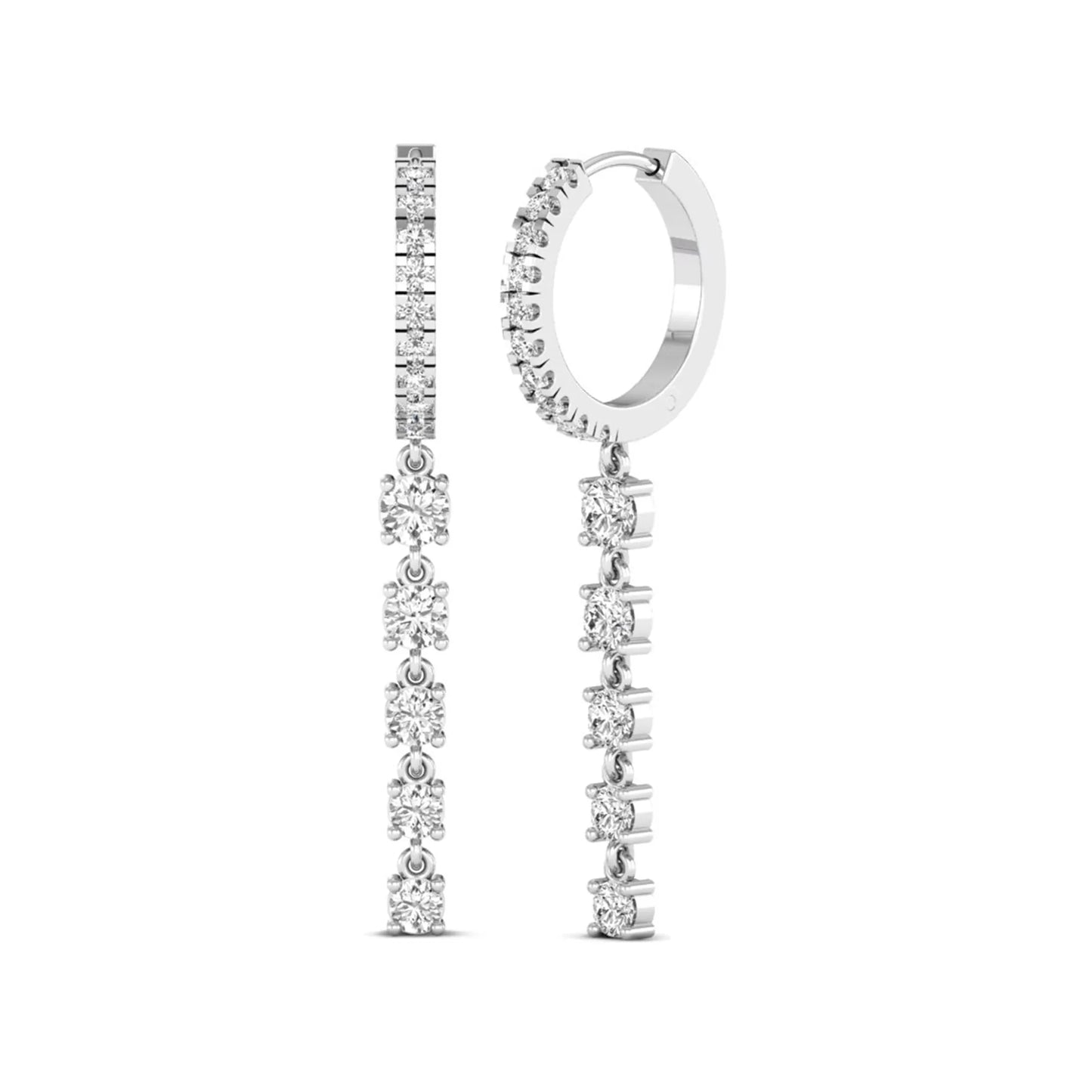 Round cut prong set lab grown diamond hoop drop earrings with diamond accented hinged hoop and graduated drop design in white gold tone.