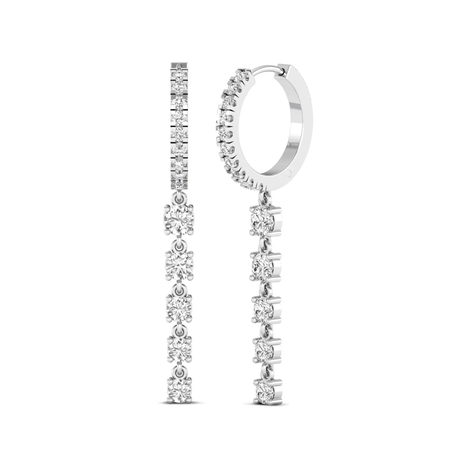 Round cut prong set lab grown diamond hoop drop earrings with diamond accented hinged hoop and graduated drop design in white gold tone.