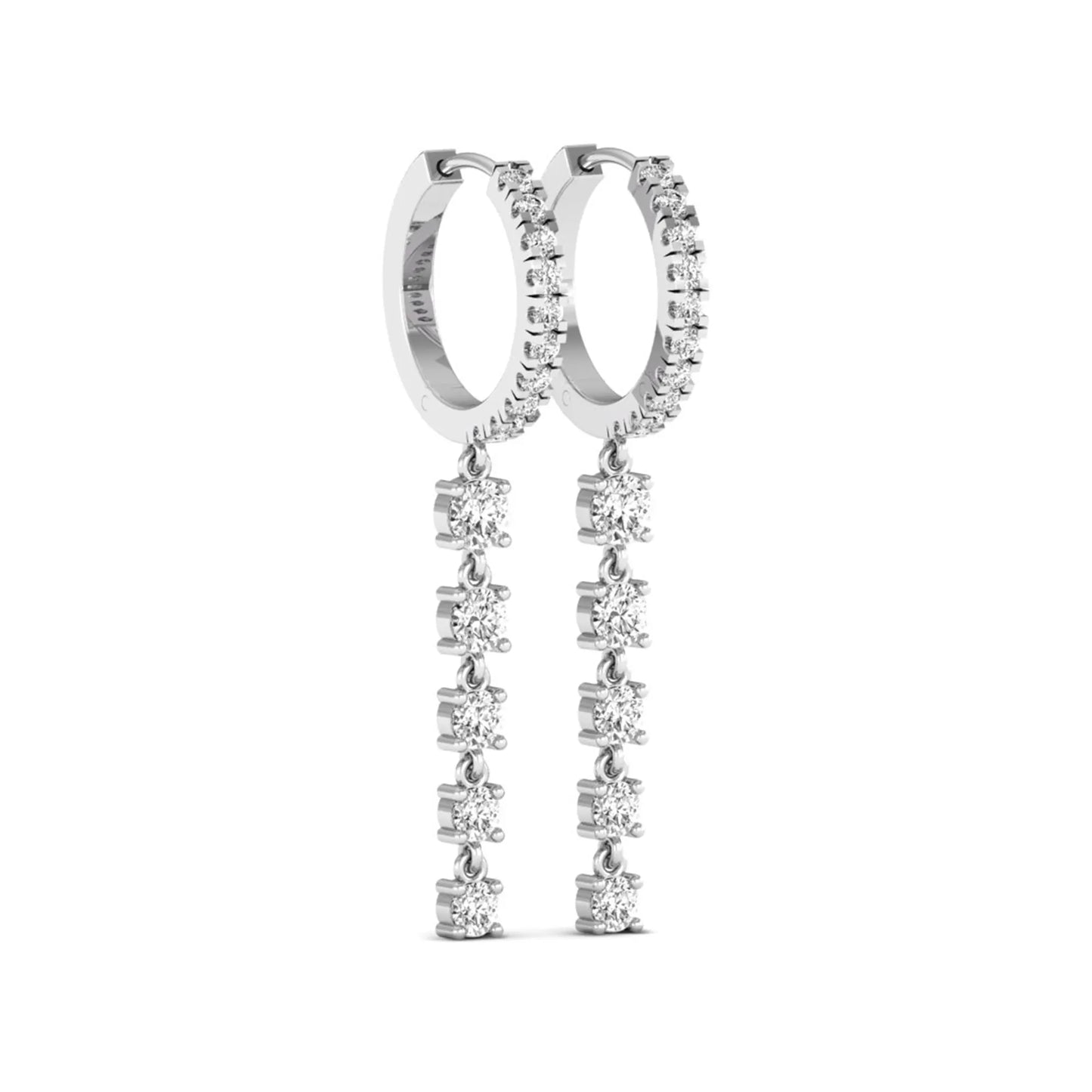 Round cut prong set lab grown diamond hoop drop earrings with diamond accented hinged hoop and graduated drop design in white gold tone.