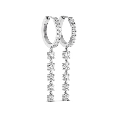 Round cut prong set lab grown diamond hoop drop earrings with diamond accented hinged hoop and graduated drop design in white gold tone.