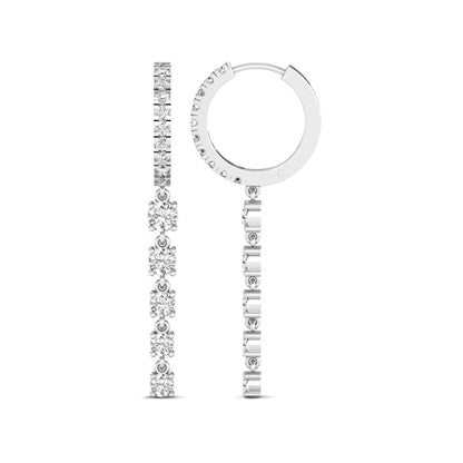 Round cut prong set lab grown diamond hoop drop earrings with diamond accented hinged hoop and graduated drop design in white gold tone.