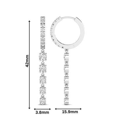 Round cut prong set lab grown diamond hoop drop earrings with diamond accented hinged hoop and graduated drop design in white gold tone.