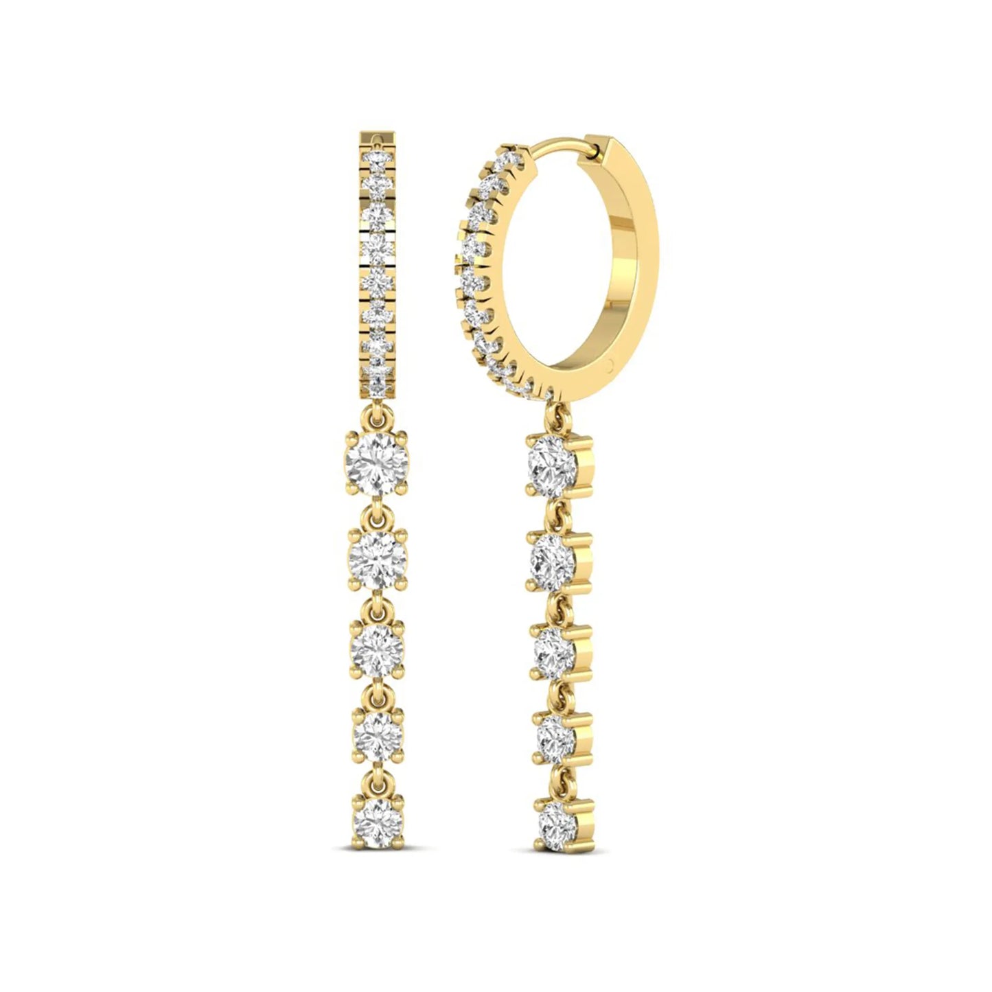 Round cut prong set lab grown diamond hoop drop earrings with diamond accented hinged hoop and graduated drop design in yellow gold tone.