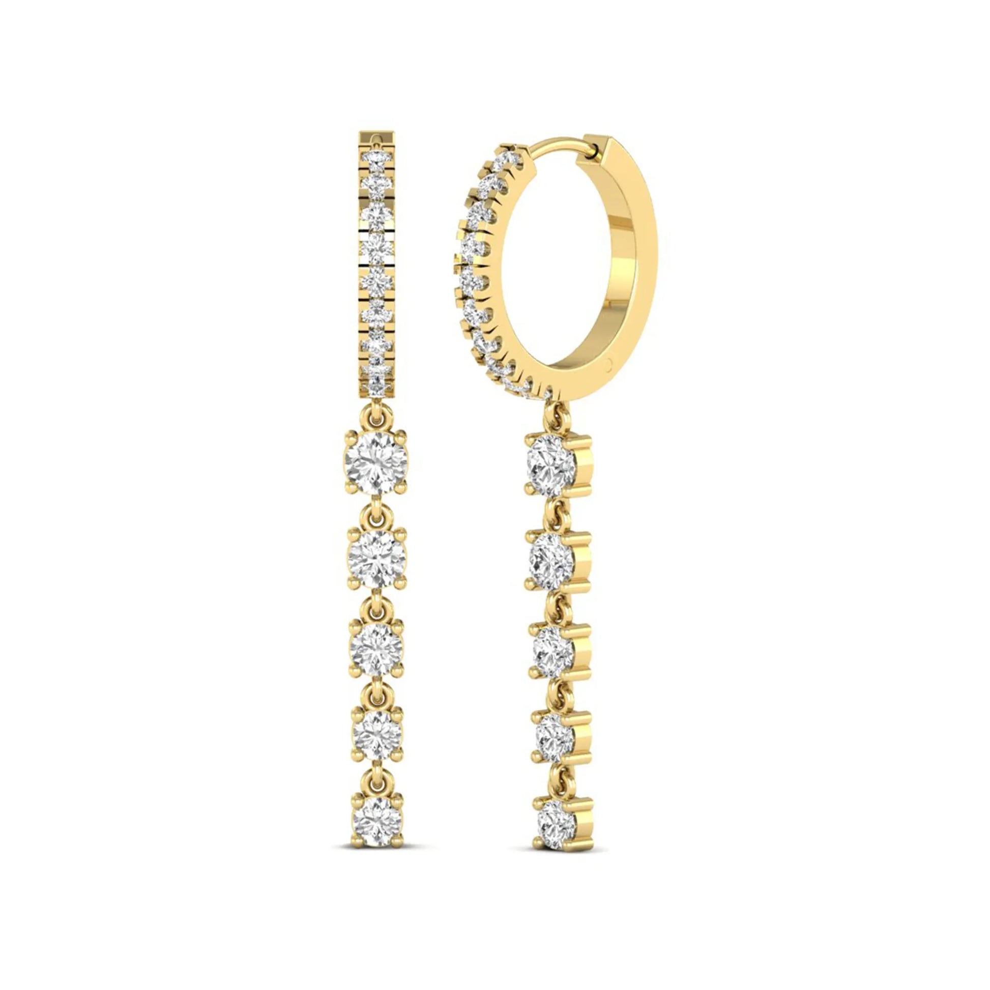 Round cut prong set lab grown diamond hoop drop earrings with diamond accented hinged hoop and graduated drop design in yellow gold tone.