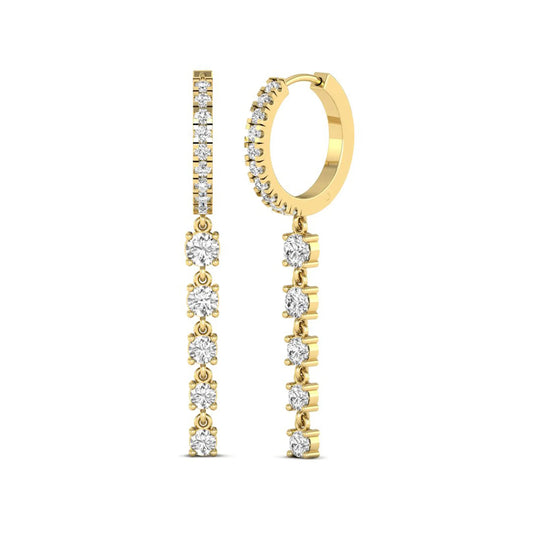 Round cut prong set lab grown diamond hoop drop earrings with diamond accented hinged hoop and graduated drop design in yellow gold tone.