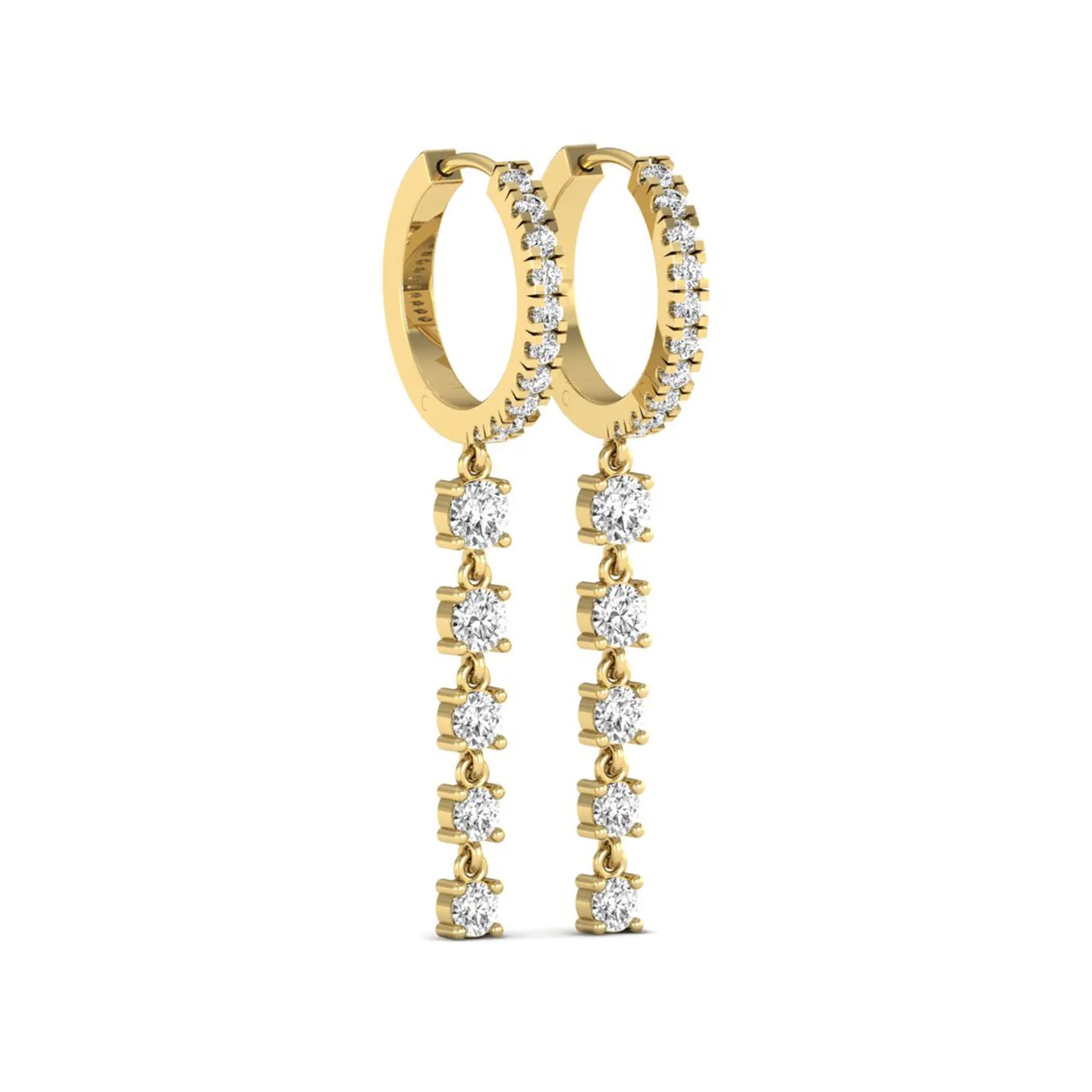 Round cut prong set lab grown diamond hoop drop earrings with diamond accented hinged hoop and graduated drop design in yellow gold tone.