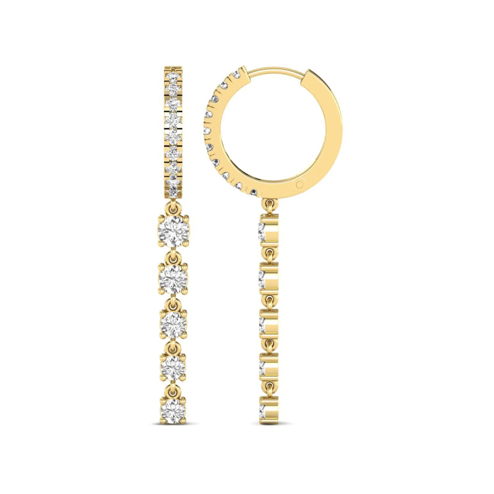 Round cut prong set lab grown diamond hoop drop earrings with diamond accented hinged hoop and graduated drop design in yellow gold tone.