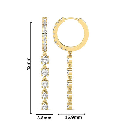 Round cut prong set lab grown diamond hoop drop earrings with diamond accented hinged hoop and graduated drop design in yellow gold tone.