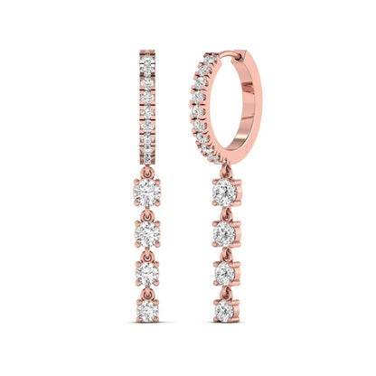 Round cut prong set lab grown diamond hoop drop earrings featuring a diamond accented hinged hoop with a graduated linear drop in rose gold tone.