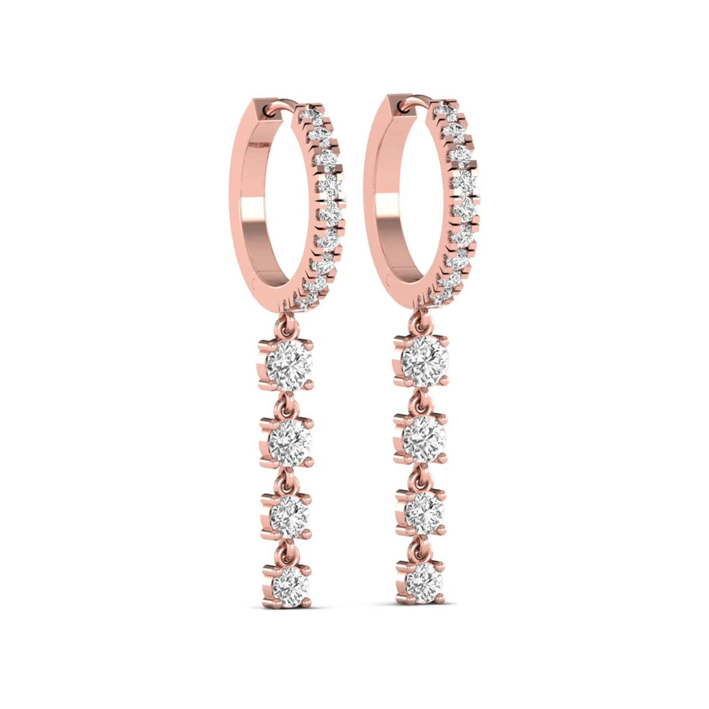 Round cut prong set lab grown diamond hoop drop earrings featuring a diamond accented hinged hoop with a graduated linear drop in rose gold tone.