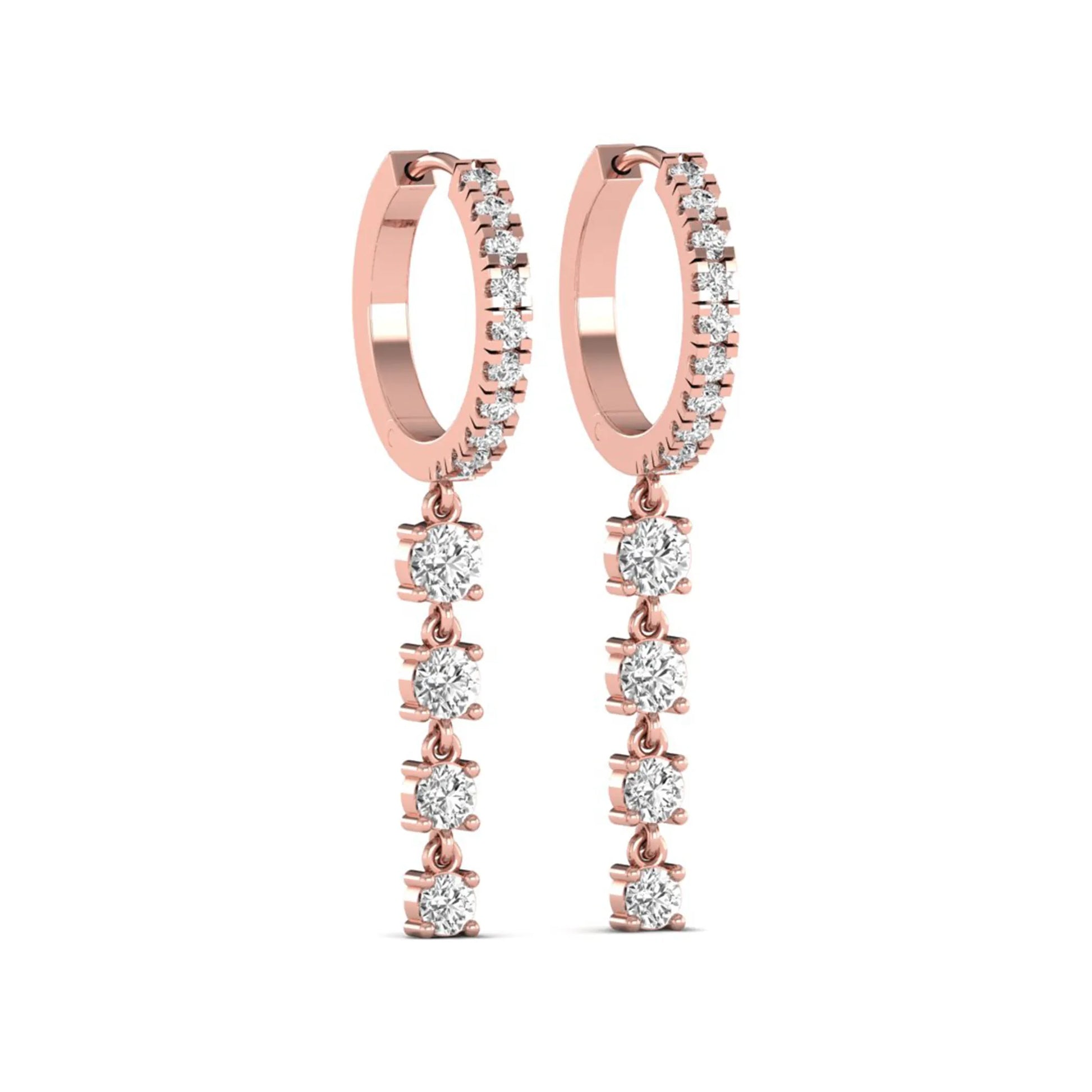 Round cut prong set lab grown diamond hoop drop earrings featuring a diamond accented hinged hoop with a graduated linear drop in rose gold tone.