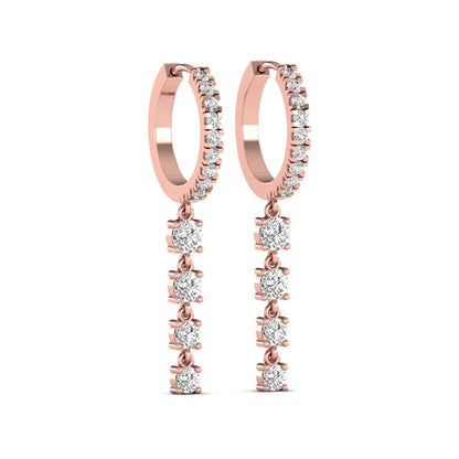 Round cut prong set lab grown diamond hoop drop earrings featuring a diamond accented hinged hoop with a graduated linear drop in rose gold tone.