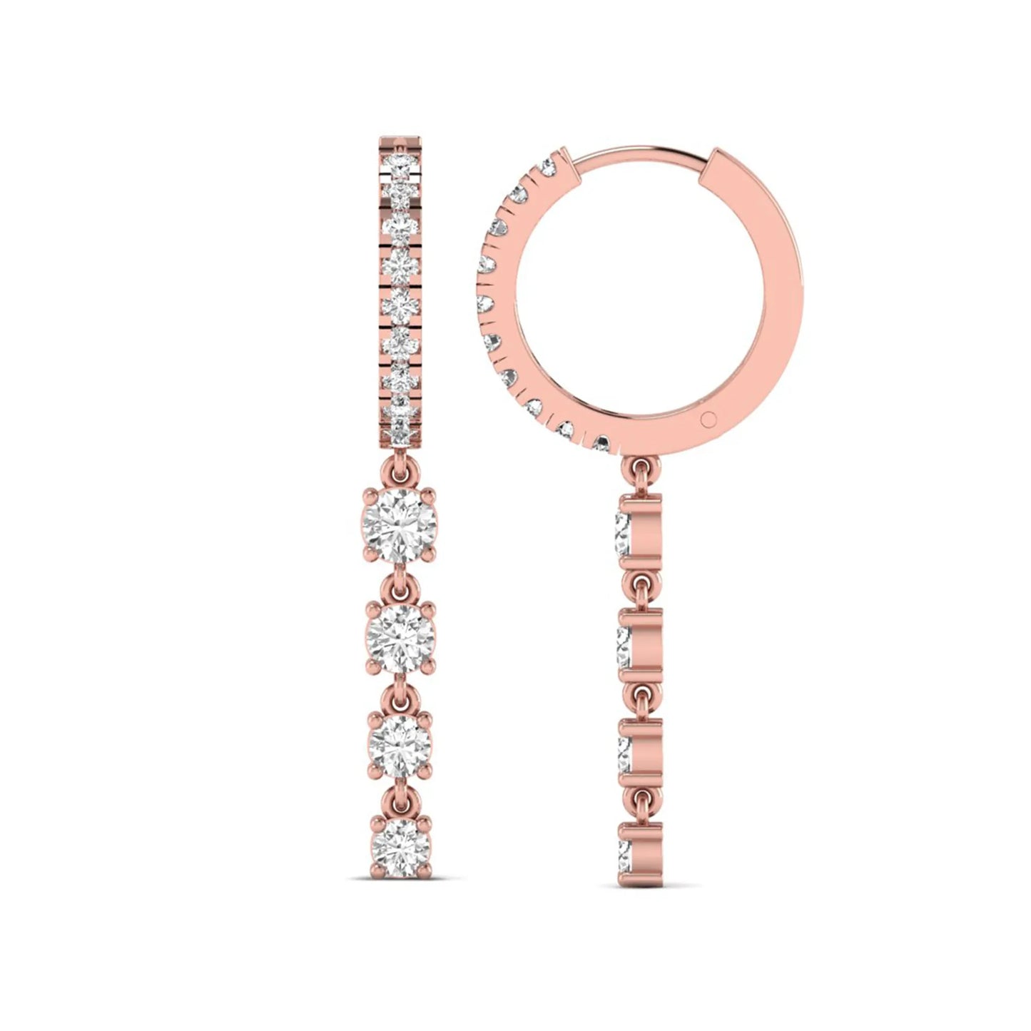 Round cut prong set lab grown diamond hoop drop earrings featuring a diamond accented hinged hoop with a graduated linear drop in rose gold tone.