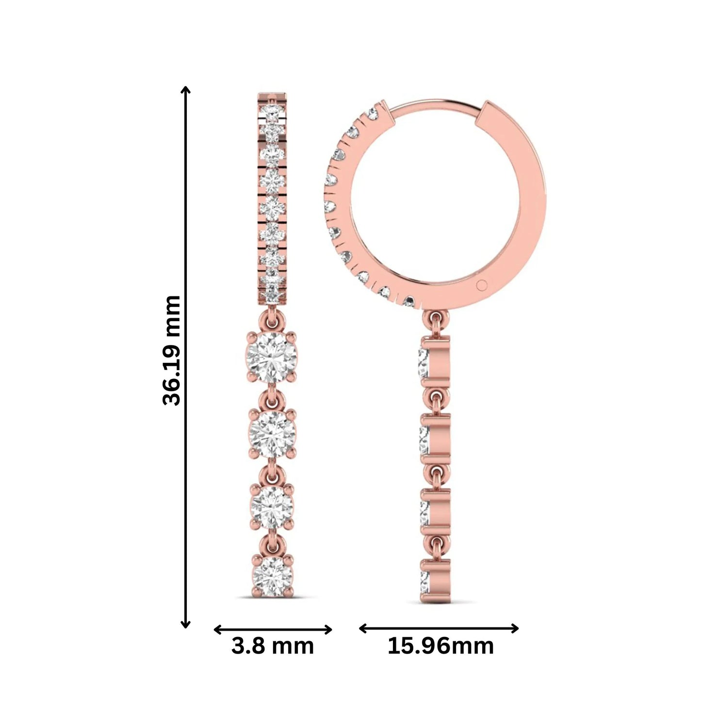 Round cut prong set lab grown diamond hoop drop earrings featuring a diamond accented hinged hoop with a graduated linear drop in rose gold tone.