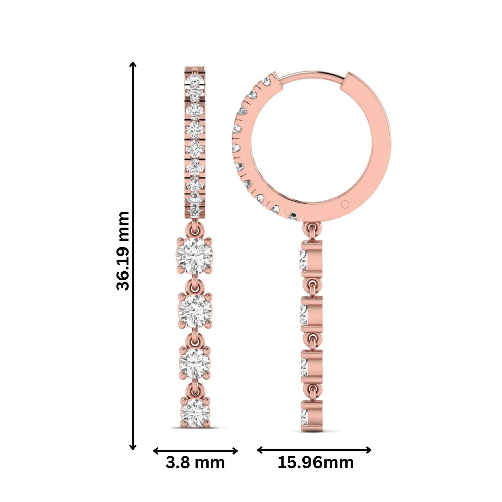Round cut prong set lab grown diamond hoop drop earrings featuring a diamond accented hinged hoop with a graduated linear drop in rose gold tone.