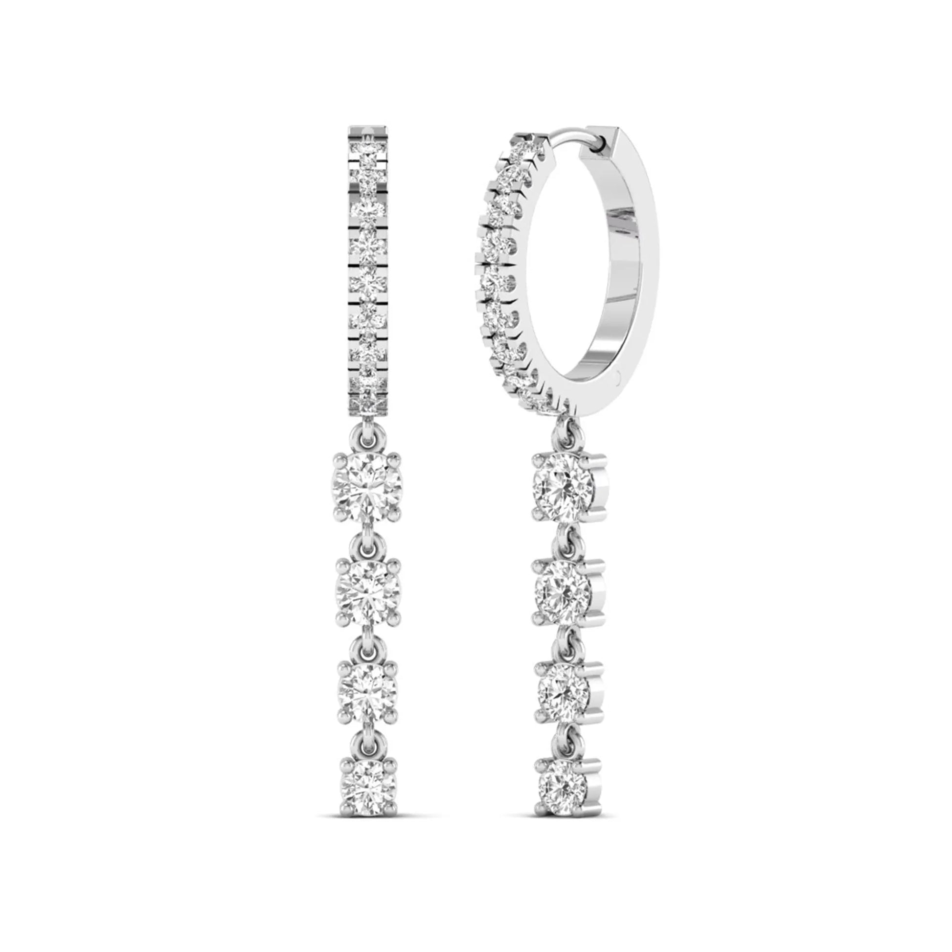 Round cut prong set lab grown diamond hoop drop earrings featuring a diamond accented hinged hoop with a graduated linear drop in white gold tone.