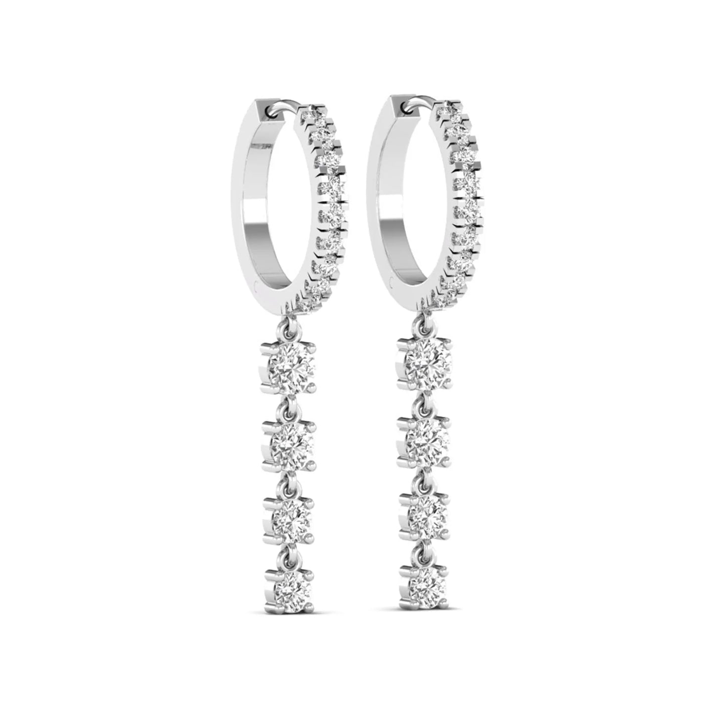 Round cut prong set lab grown diamond hoop drop earrings featuring a diamond accented hinged hoop with a graduated linear drop in white gold tone.