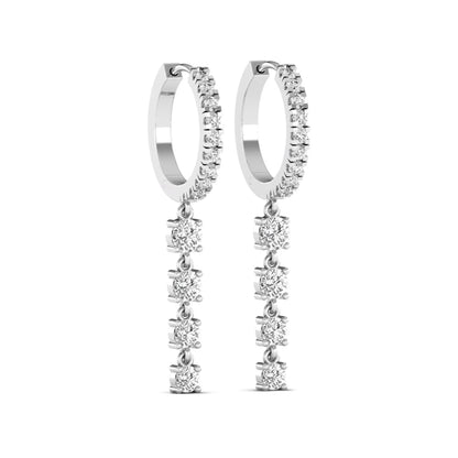 Round cut prong set lab grown diamond hoop drop earrings featuring a diamond accented hinged hoop with a graduated linear drop in white gold tone.