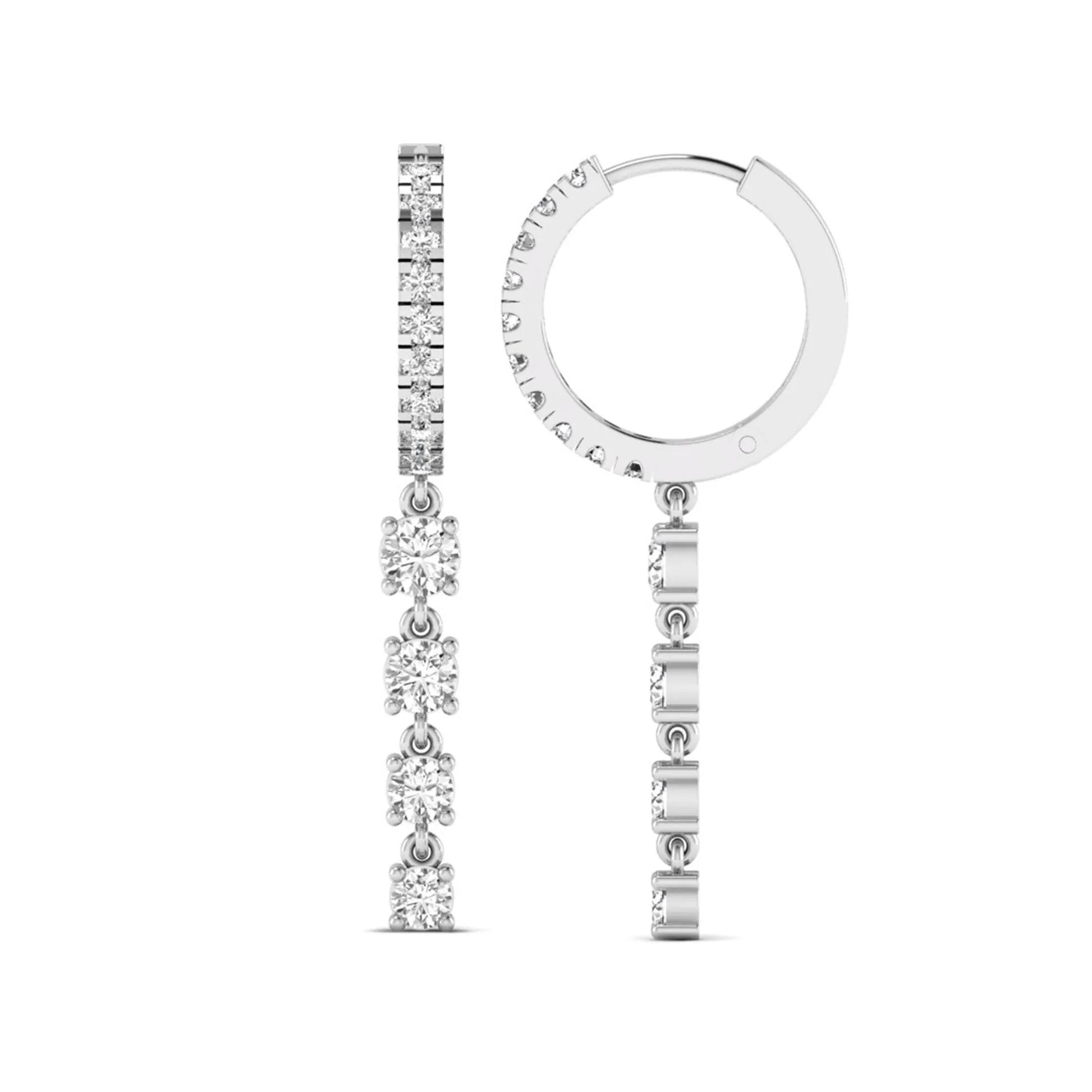 Round cut prong set lab grown diamond hoop drop earrings featuring a diamond accented hinged hoop with a graduated linear drop in white gold tone.