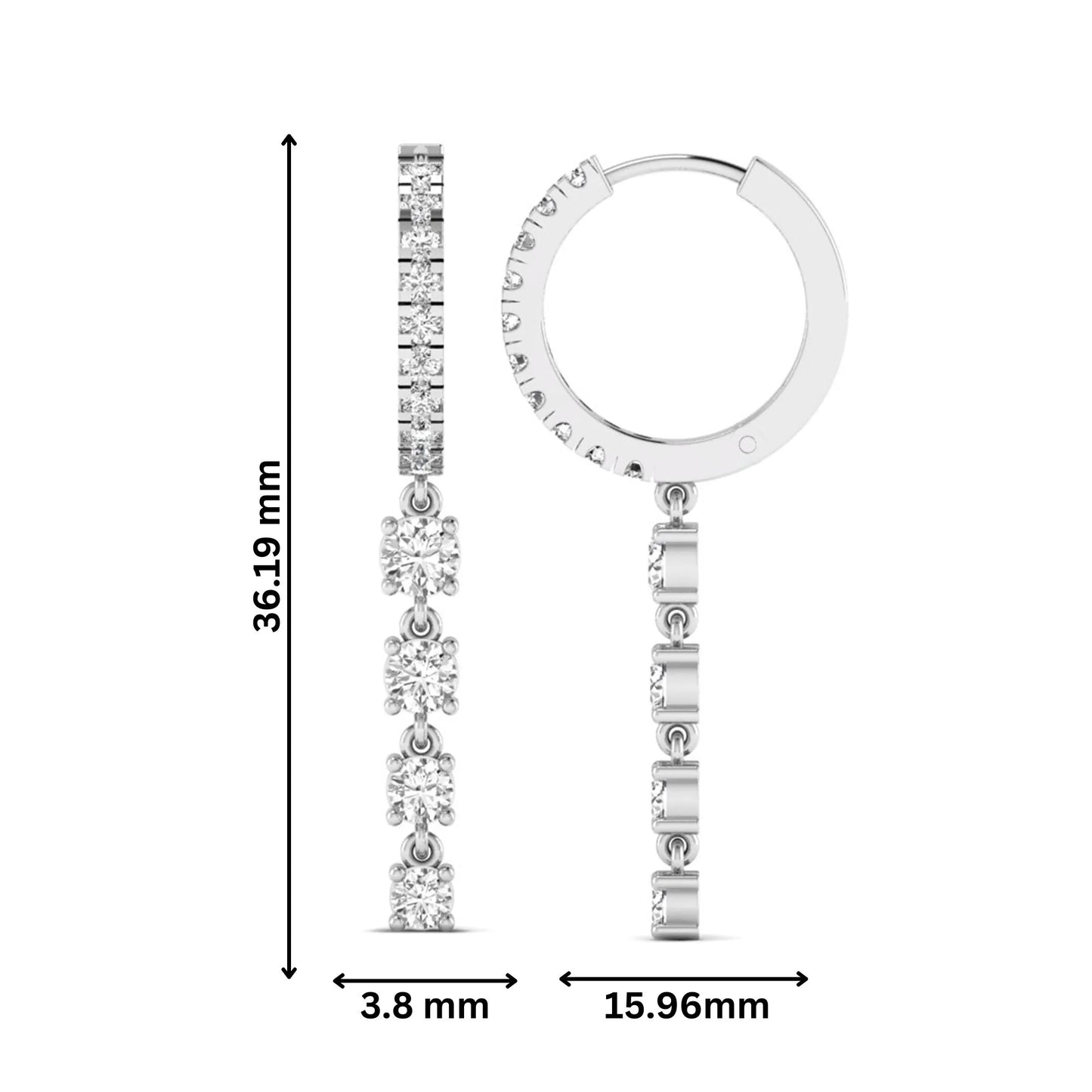 Round cut prong set lab grown diamond hoop drop earrings featuring a diamond accented hinged hoop with a graduated linear drop in white gold tone.