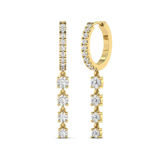 Round cut prong set lab grown diamond hoop drop earrings featuring a diamond accented hinged hoop with a graduated linear drop in yellow gold tone.