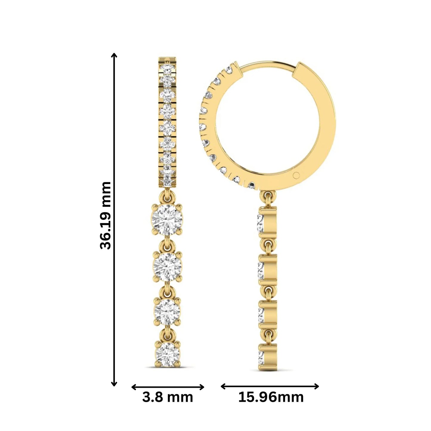 Round cut prong set lab grown diamond hoop drop earrings featuring a diamond accented hinged hoop with a graduated linear drop in yellow gold tone.