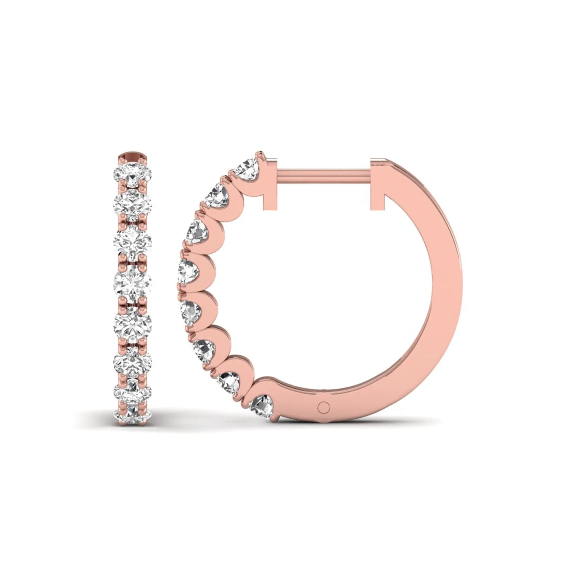 Round prong set lab grown diamond hoop earrings featuring brilliant round cut diamonds in a rose gold finish with a hinged closure.