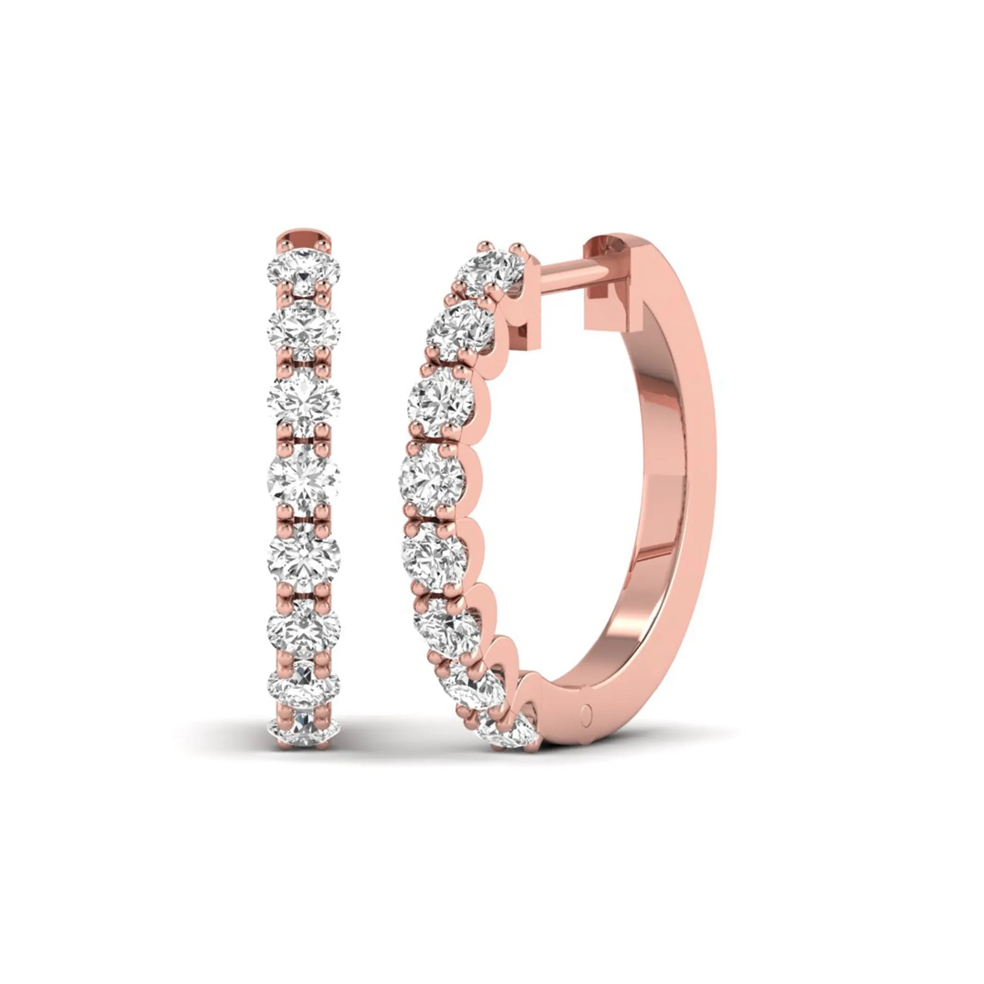 Round prong set lab grown diamond hoop earrings featuring brilliant round cut diamonds in a rose gold finish with a hinged closure.