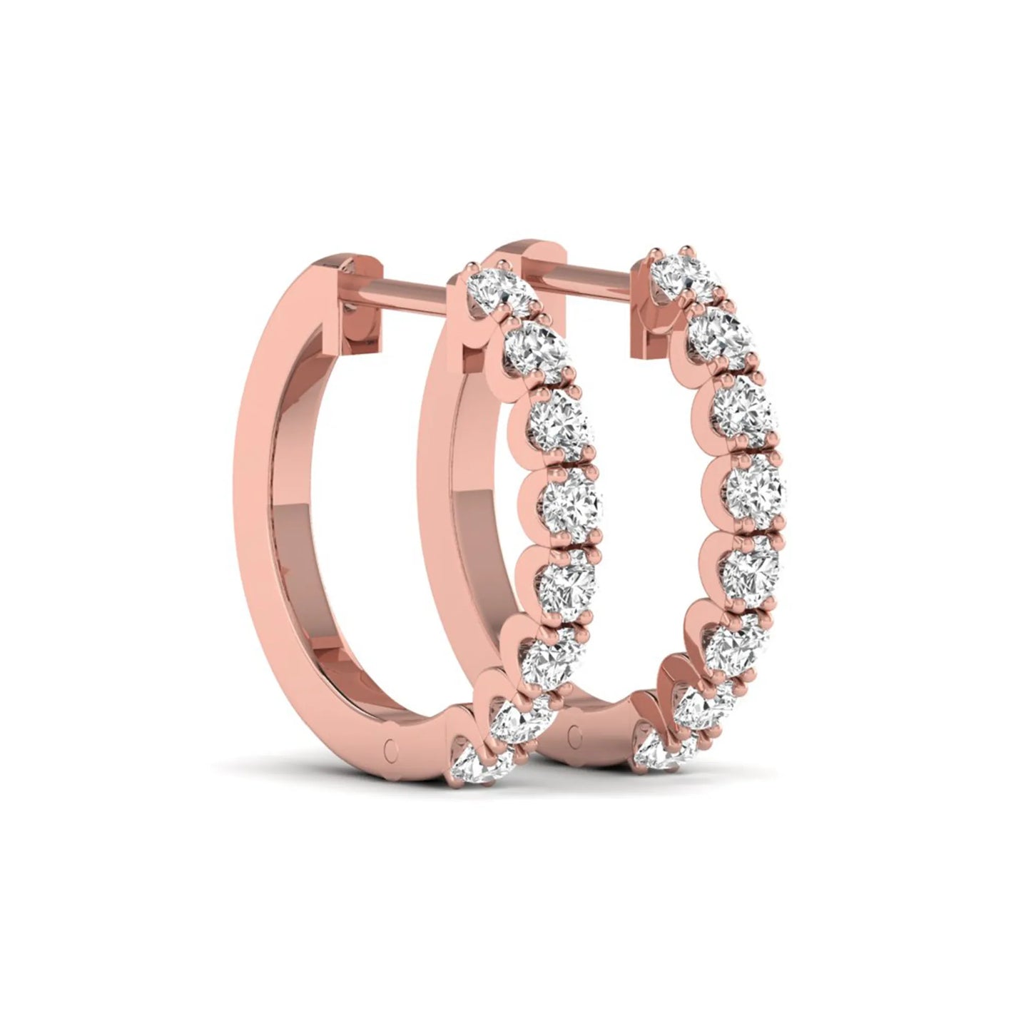 Round prong set lab grown diamond hoop earrings featuring brilliant round cut diamonds in a rose gold finish with a hinged closure.