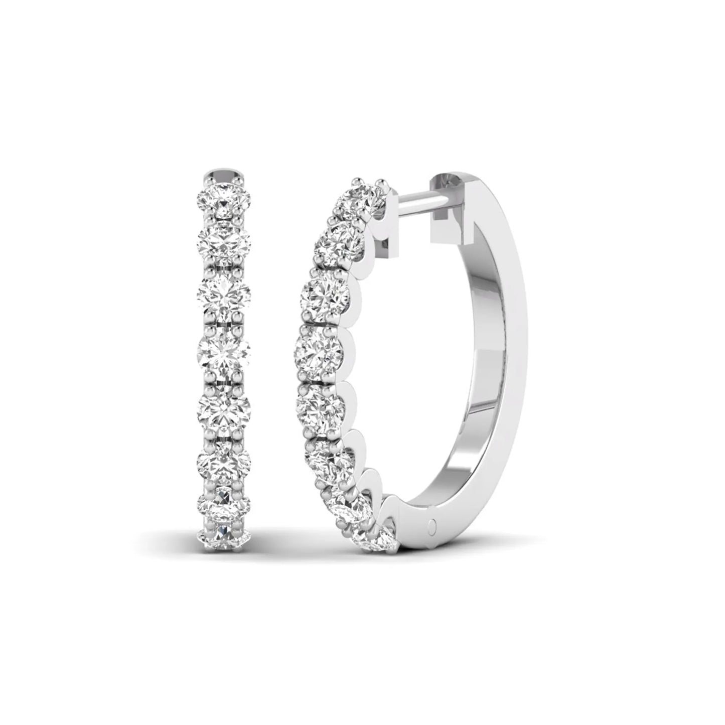Round prong set lab grown diamond hoop earrings featuring brilliant round cut diamonds in a white gold finish with a hinged closure.