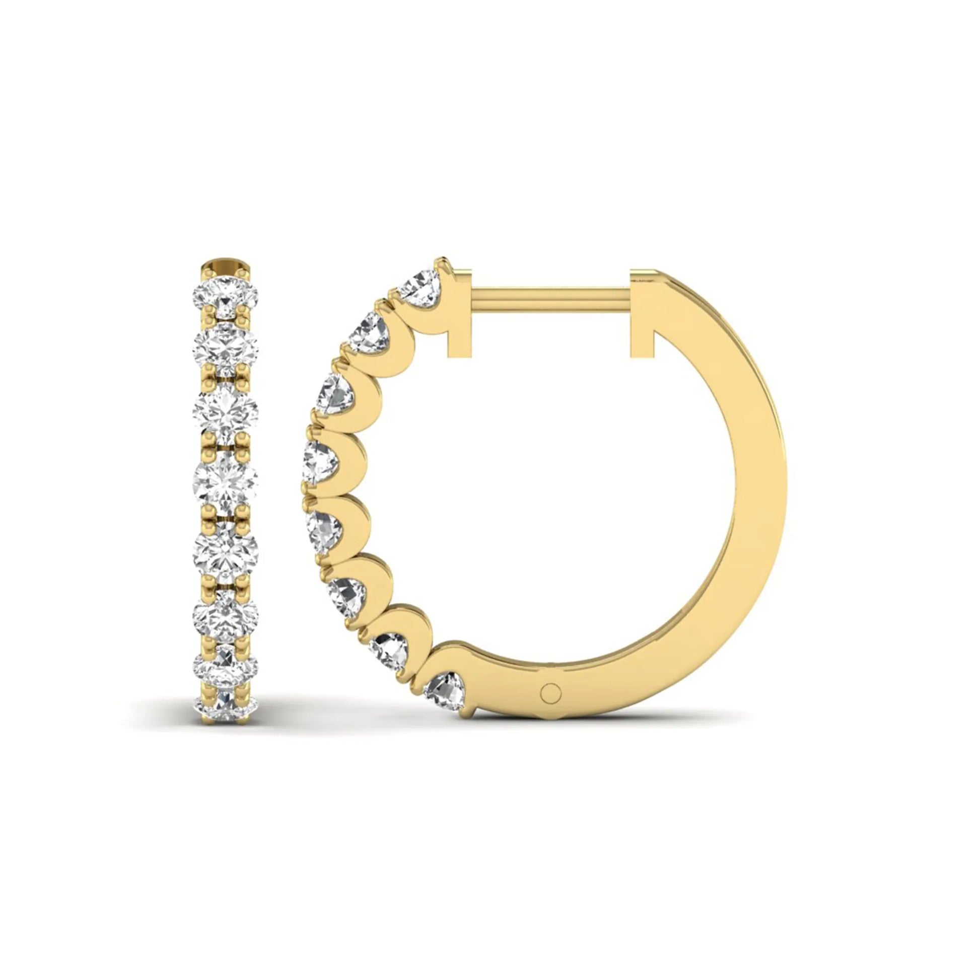 Round prong set lab grown diamond hoop earrings featuring brilliant round cut diamonds in a yellow gold finish with a hinged closure.