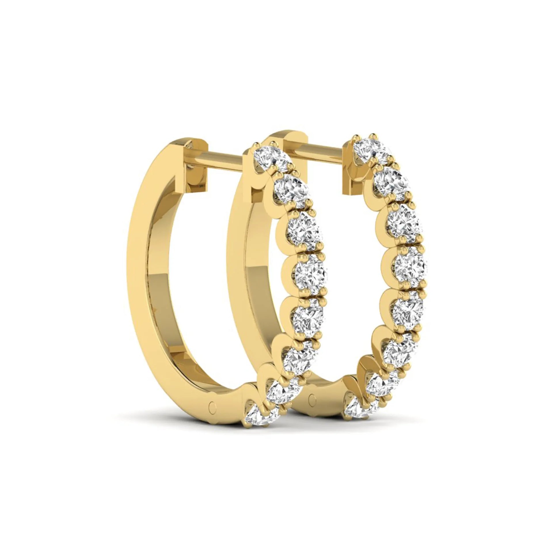 Round prong set lab grown diamond hoop earrings featuring brilliant round cut diamonds in a yellow gold finish with a hinged closure.