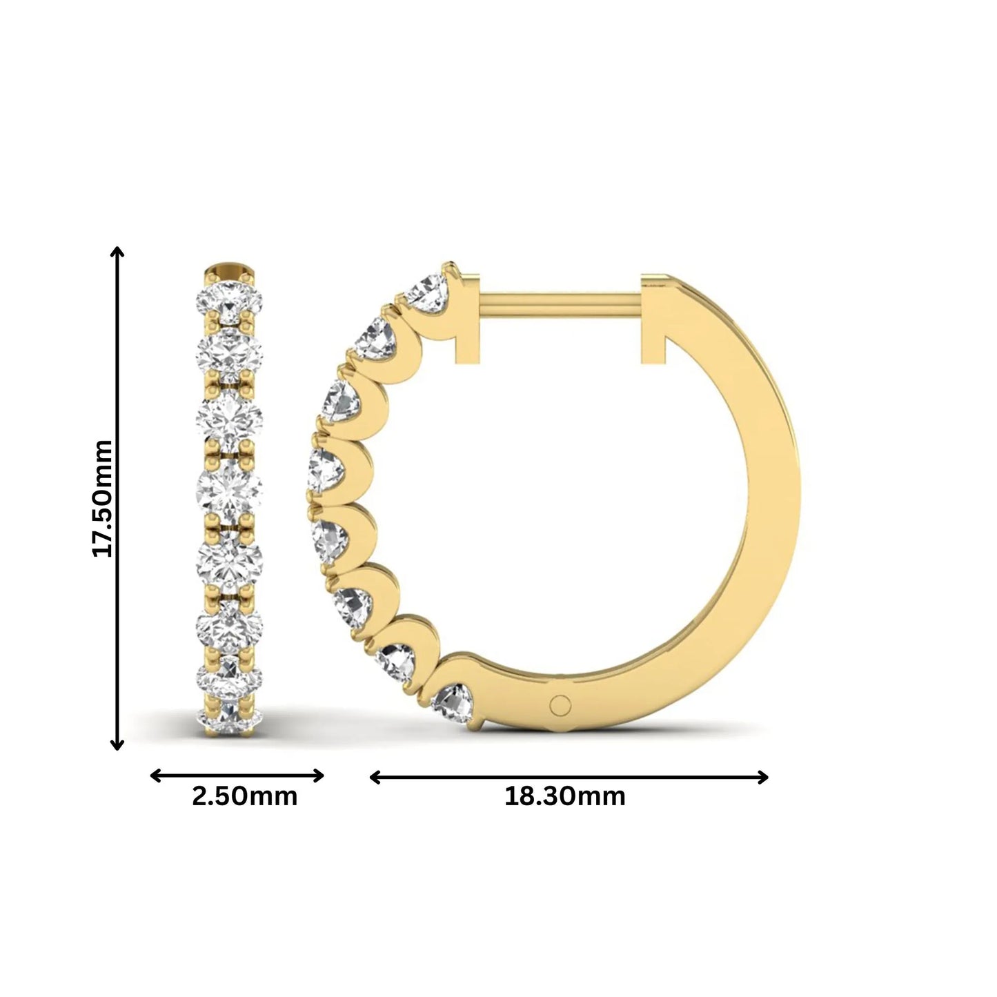 Round prong set lab grown diamond hoop earrings featuring brilliant round cut diamonds in a yellow gold finish with a hinged closure.