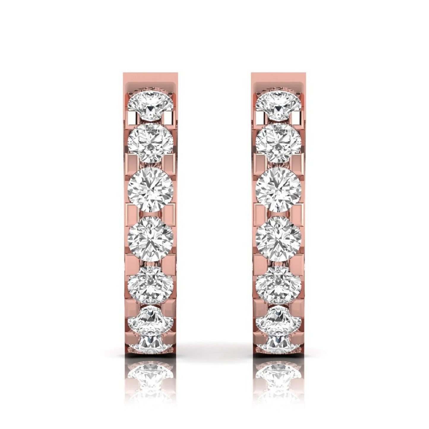 Round cut lab grown diamond prong set hoop earrings with hinged snap closure in yellow rose gold design