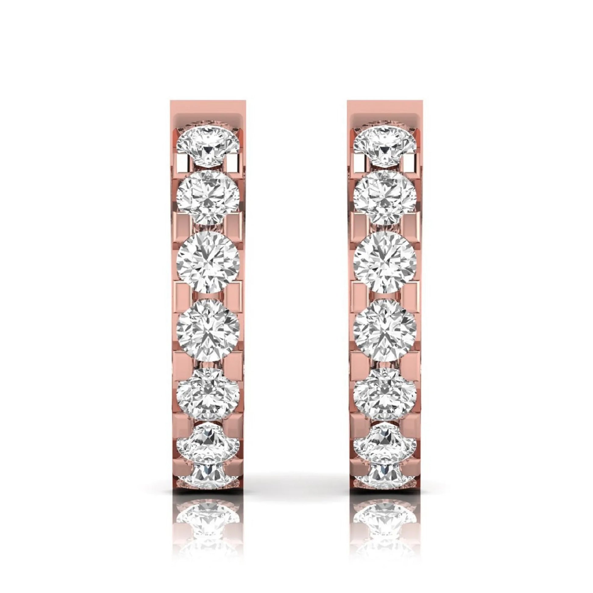Round cut lab grown diamond prong set hoop earrings with hinged snap closure in yellow rose gold design