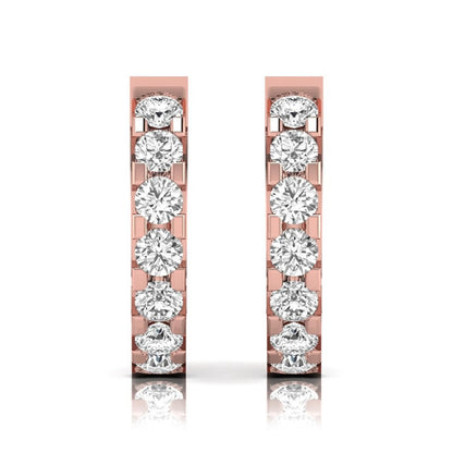 Round cut lab grown diamond prong set hoop earrings with hinged snap closure in yellow rose gold design