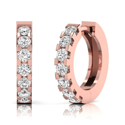 Round cut lab grown diamond prong set hoop earrings with hinged snap closure in yellow rose gold design