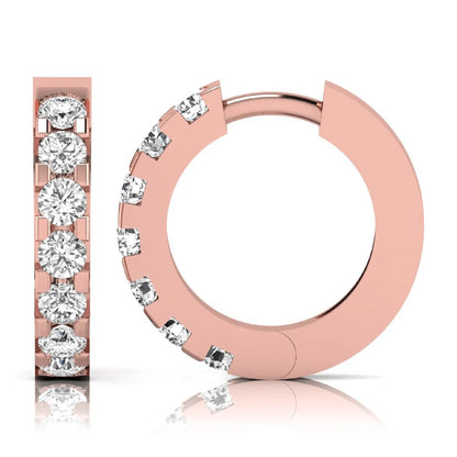 Round cut lab grown diamond prong set hoop earrings with hinged snap closure in yellow rose gold design